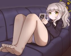 Rule 34 | 1girl, :/, ass, bare legs, barefoot, black hoodie, blue archive, closed mouth, commentary, couch, feet, green eyes, grey hair, halo, hare (blue archive), hidemushi, high ponytail, highres, holding, holding tablet pc, hood, hoodie, legs, looking at viewer, lying, medium hair, on back, on couch, panties, sidelocks, soles, solo, tablet pc, thighs, toes, underwear, white panties