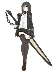 Rule 34 | 1girl, absurdres, black hair, black jacket, black skirt, brown footwear, brown thighhighs, center frills, chain, chixiao, closed mouth, dress shirt, frills, full body, hair between eyes, highres, huge weapon, jacket, leg tattoo, loafers, long hair, long sleeves, open clothes, open jacket, original, pleated skirt, red eyes, shirt, shoes, simple background, skindentation, skirt, sleeves past wrists, smile, solo, tattoo, thighhighs, very long hair, weapon, white background, white shirt