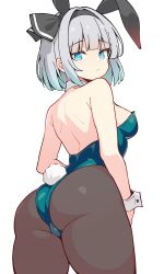 1girl absurdres animal_ears ass blue_eyes blue_leotard breasts detached_collar fake_animal_ears grey_hair highres konpaku_youmu leotard looking_back medium_breasts pantyhose playboy_bunny rabbit_ears rabbit_tail short_hair simple_background solo strapless strapless_leotard tail touhou wanamochi white_background wrist_cuffs