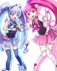 Rule 34 | 10s, 2girls, aino megumi, blue eyes, blue hair, blue skirt, blue thighhighs, boots, bow, brooch, crown, cure lovely, cure princess, happinesscharge precure!, heart, heart brooch, long hair, looking at viewer, mofun, multiple girls, open mouth, pink bow, pink eyes, pink hair, pink skirt, ponytail, precure, shirayuki hime, skirt, thigh boots, thighhighs, twintails, white background, wide ponytail