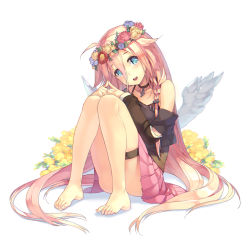 Rule 34 | 1girl, barefoot, blue eyes, braid, btoor, choker, feet, flower, full body, head tilt, head wreath, ia (vocaloid), knees together feet apart, long hair, looking at viewer, open mouth, pink hair, simple background, sitting, skirt, solo, thigh strap, toes, very long hair, vocaloid, white background, wings