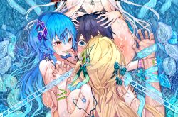Rule 34 | 1boy, 3girls, artificial vagina, bdsm, black hair, blonde hair, blue eyes, blue hair, blush, breasts, brown eyes, chain, crying, datsuyuru, ear licking, earrings, femdom, fingernails, glowing, hair ornament, highres, holding, holding hands, huge breasts, jewelry, lactation, large breasts, licking, long hair, lying, multiple girls, nipples, nude, on back, original, pointy ears, rape, scared, sex toy, single earring, slime (substance), star (symbol), tentacles, tentacles on male, tongue, tongue out, wet, white hair, yandere