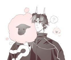 Rule 34 | 1boy, ?, animal, animal ears, animal on shoulder, arknights, chong yue (arknights), closed mouth, coat, commentary, dragon boy, dragon horns, highres, horns, looking at animal, male focus, mamara tang, multicolored hair, one eye closed, pointy ears, puff of air, red eyes, sheep, short hair, simple background, solo, speech bubble, spoken question mark, streaked hair, symbol-only commentary, upper body, white background