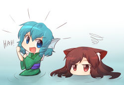 Rule 34 | &gt;:d, 2girls, :d, animal ears, blue eyes, blue hair, blush, brown hair, clenched hand, drill hair, fins, head fins, imaizumi kagerou, in water, japanese clothes, kimono, long hair, long sleeves, looking at viewer, mermaid, monster girl, multiple girls, obi, open mouth, partially submerged, red eyes, sash, short hair, smile, touhou, twin drills, v-shaped eyebrows, wakasagihime, water, wet, wet hair, wide sleeves, wolf ears, wool (miwol)
