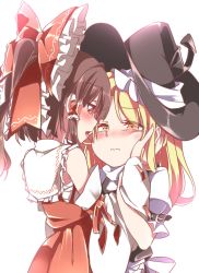 Rule 34 | 2girls, 3:, :d, arm hug, bare shoulders, belt, blonde hair, blouse, blush, brown hair, cheek squash, detached sleeves, eye contact, fingernails, gokuu (acoloredpencil), hakurei reimu, hands on another&#039;s cheeks, hands on another&#039;s face, hat, highres, imminent kiss, kirisame marisa, looking at another, medium hair, multiple girls, open mouth, ponytail, puffy short sleeves, puffy sleeves, red eyes, ribbon-trimmed sleeves, ribbon trim, sarashi, shirt, short sleeves, skirt, skirt set, smile, squinting, touhou, turtleneck, vest, wide sleeves, witch hat, yellow eyes, yuri