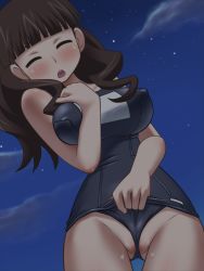 Rule 34 | 1girl, awa, brown hair, clothes pull, frontal wedgie, mitsudomoe, one-piece swimsuit pull, sugisaki marina, swimsuit, wedgie