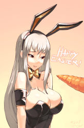 Rule 34 | 00s, 1girl, 2013, animal ears, armband, bare shoulders, bow, bowtie, breasts, rabbit ears, playboy bunny, carrot, cleavage, dated, detached collar, easter, fake animal ears, highres, huge breasts, junkpuyo, large breasts, long hair, phallic symbol, red eyes, selvaria bles, senjou no valkyria (series), senjou no valkyria 1, sexually suggestive, silver hair, solo, sweatdrop, very long hair