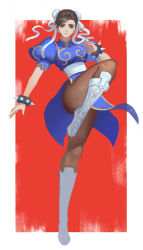 Rule 34 | 1girl, blue dress, boots, bracelet, breasts, brown hair, brown pantyhose, bun cover, capcom, china dress, chinese clothes, chun-li, double bun, dress, earrings, fighting stance, full body, hair bun, highres, jewelry, kalata, leg up, looking at viewer, medium breasts, pantyhose, pelvic curtain, plantar flexion, puffy short sleeves, puffy sleeves, sash, short hair, short sleeves, solo, spiked bracelet, spikes, standing, standing on one leg, street fighter
