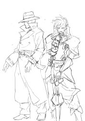 Rule 34 | 2boys, absurdres, coat, crossover, fedora, greyscale, guilty gear, hat, highres, makai, monochrome, multiple boys, planted, planted sword, planted weapon, q (street fighter), robo-ky, robot, sketch, street fighter, street fighter iii (series), sword, trench coat, weapon