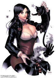 Rule 34 | 1girl, 2girls, black cat, black hair, bow, bowtie, breasts, cat, catwoman, cleavage, coat, coattails, dc comics, elizabeth torque, fishnets, gloves, goggles, hat, highres, magic, magician, multiple girls, pinstripe pattern, striped, surprised, thighhighs, top hat, transformation, white gloves, zatanna zatara
