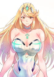Rule 34 | 1girl, absurdres, blonde hair, breasts, chest jewel, gem, headpiece, highres, large breasts, long hair, mythra (radiant beach) (xenoblade), mythra (xenoblade), one-piece swimsuit, ribbed swimsuit, solo, strapless, strapless one-piece swimsuit, striped clothes, striped one-piece swimsuit, swept bangs, swimsuit, tiara, two-tone swimsuit, ug333333, vertical-striped clothes, vertical-striped one-piece swimsuit, very long hair, white one-piece swimsuit, xenoblade chronicles (series), xenoblade chronicles 2, yellow eyes