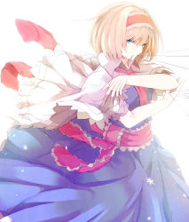 Rule 34 | 1girl, alice margatroid, blonde hair, blue eyes, capelet, hairband, highres, looking at viewer, mikoma sanagi, mouth hold, short hair, simple background, solo, string, touhou, white background