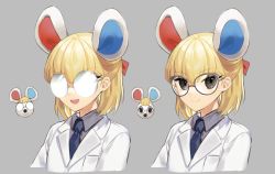 Rule 34 | 1girl, :d, absurdres, animal crossing, animal ears, black shirt, blonde hair, blue necktie, brown-tinted eyewear, closed mouth, collared shirt, cropped torso, eyeshadow, gambe, glasses, grey background, half updo, highres, humanization, lab coat, looking at viewer, makeup, mouse (animal), mouse ears, multiple views, necktie, nintendo, opaque glasses, open mouth, petri (animal crossing), round eyewear, shirt, short hair, simple background, smile, tinted eyewear, upper body