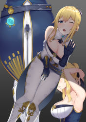 Rule 34 | 1girl, armpits, arms up, ass, backlighting, bare shoulders, belt, between legs, black ribbon, blonde hair, blue eyes, blue gloves, blush, boots, breasts, breath, cleavage, detached collar, detached sleeves, dutch angle, female focus, from behind, from side, genshin impact, gloves, glowing, gradient background, grey background, hair ribbon, half-closed eye, hand between legs, hand up, have to pee, hazuki (115483948), jean (genshin impact), knee boots, knees together feet apart, large breasts, leaning forward, long hair, looking at viewer, lower body, multiple views, one eye closed, open mouth, orb, pants, pee, peeing, peeing self, ponytail, ribbon, sidelocks, simple background, standing, sweat, tying hair, upper body, wet, wet clothes, white footwear, white pants, white sleeves