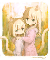 Rule 34 | 2girls, absurdres, animal ears, blonde hair, border, borrowed character, bow, brown eyes, cat ears, cat girl, cat tail, child, closed mouth, dot mouth, dot nose, flat chest, framed, frown, grey hoodie, hair bow, hair ornament, hairpin, hands on another&#039;s shoulders, height difference, highres, hood, hoodie, looking at viewer, multiple girls, original, parfait (gachigachi), pink bow, pink skirt, sho (sho lwlw), sidelocks, skirt, standing, tagme, tail, twitter username, white border