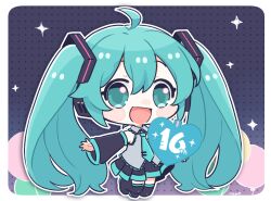 Rule 34 | 1girl, :d, aqua eyes, aqua hair, aqua necktie, balloon, black footwear, black skirt, black sleeves, blush stickers, boots, chibi, collared shirt, commentary, detached sleeves, full body, grey shirt, hair between eyes, hatsune miku, heart, long hair, long sleeves, looking at viewer, najo, necktie, open mouth, pleated skirt, shirt, signature, skirt, sleeves past wrists, smile, solo, thigh boots, tie clip, twintails, very long hair, vocaloid, wide sleeves