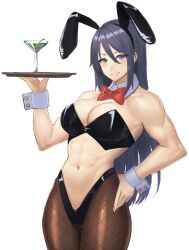 Rule 34 | 1girl, abs, animal ears, black bra, bow, bowtie, bra, breasts, character request, cleavage, cocktail glass, copyright request, cowboy shot, cup, detached collar, drinking glass, fake animal ears, grin, hair between eyes, hand on own hip, highres, holding, holding tray, leotard, long hair, looking at viewer, medium breasts, muscular, muscular female, navel, pantyhose, playboy bunny, purple eyes, rabbit ears, ranma (kamenrideroz), red bow, red bowtie, simple background, smile, solo, strapless, strapless bra, tray, underwear, white background, wrist cuffs