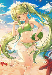 Rule 34 | 1girl, ;o, animal, armpits, bad id, bad pixiv id, ball, bare shoulders, barefoot, beach, beachball, bikini, bird, breasts, cleavage, cloud, collarbone, cookie run, day, green bikini, green eyes, green hair, hair ornament, highres, holding, lime cookie, long hair, looking at viewer, medium breasts, navel, one eye closed, open mouth, outdoors, sarong, solo, starfish, stomach, swimsuit, thighs, ttosom, twintails, v, v over eye, very long hair, water