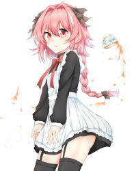 Rule 34 | 1boy, apron, astolfo (fate), black bow, black dress, black legwear, blush, bow, bowtie, braid, contrapposto, cowboy shot, cup, dress, fate/apocrypha, fate (series), garter straps, hair between eyes, hair bow, hair intakes, highres, kaname game etc, long hair, long sleeves, looking at viewer, male focus, multicolored hair, parted lips, pink hair, red bow, red eyes, red neckwear, simple background, single braid, standing, streaked hair, tea, teacup, thighhighs, trap, white apron, white background, white hair, zettai ryouiki