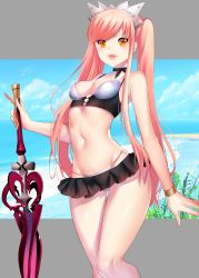 Rule 34 | 1girl, beach, bikini, black neckwear, blush, bracelet, breasts, choker, cleavage, cloud, cowboy shot, day, duck lips, fate/grand order, fate (series), highres, holding, holding sword, holding weapon, jewelry, letterboxed, lips, lipstick, long hair, looking at viewer, makeup, medb (fate), medb (swimsuit saber) (fate), medb (swimsuit saber) (second ascension) (fate), orange eyes, parted lips, pink hair, pink lips, rahato, sky, smile, solo, standing, swimsuit, sword, thigh gap, tiara, twintails, water, weapon, white bikini