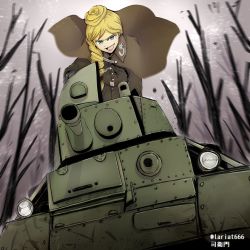 Rule 34 | 1girl, 7tp, artist name, bad id, bad pixiv id, black gloves, blonde hair, blue eyes, blurry, blurry background, bonple military uniform, braid, brown jacket, capelet, commentary request, fourragere, girls und panzer, girls und panzer ribbon no musha, gloves, grey sky, hair bun, hair over shoulder, holding, jacket, jajka (girls und panzer), long hair, long sleeves, military, military uniform, military vehicle, motor vehicle, open mouth, outdoors, partial commentary, single braid, single hair bun, sky, smirk, solo, tank, tree, tsukasa-emon, twitter username, uniform, wind