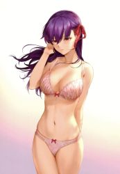 Rule 34 | 1girl, absurdres, arm behind back, bare shoulders, blush, bow, bow bra, bow panties, bra, breasts, cleavage, collarbone, fate/stay night, fate (series), floating hair, gradient background, hair ribbon, hand in own hair, hand up, highres, lace, lace-trimmed bra, lace-trimmed panties, lace trim, large breasts, long hair, looking away, mashuu (neko no oyashiro), matou sakura, navel, panties, parted lips, pink bra, pink panties, purple eyes, purple hair, ribbon, ribbon-trimmed bra, ribbon-trimmed panties, scan, sidelocks, signature, solo, stomach, thighs, third-party source, twitter username, underwear, underwear only