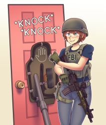 Rule 34 | 1girl, absurdres, assault rifle, blue eyes, blue pants, blue shirt, brown hair, door, explosive, fbi, full body, glasses, grin, gun, helmet, highres, holding, holding gun, holding weapon, knocking, looking at viewer, m4 carbine, original, pants, rifle, shirt, short hair, smile, solo, tactical clothes, vest, weapon, willy pete