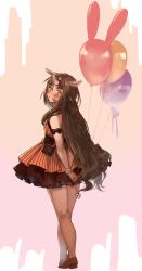 Rule 34 | 1girl, alternate costume, animal ears, arknights, artist request, back, balloon, bandaid, bandaid on face, bandaid on nose, blush stickers, brown hair, bubble (arknights), dress, highres, horns, long hair, looking at viewer, single horn, solo