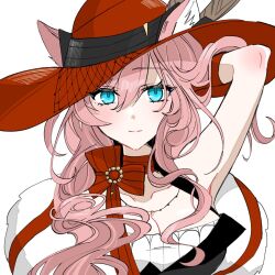 Rule 34 | 1girl, animal ears, arknights, blue eyes, bow, breasts, cat ears, chomo o12, cleavage, ears through headwear, hat, heidi (arknights), large breasts, long hair, pink hair, red bow, red hat, solo, white background, wide brim