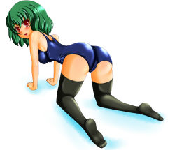 Rule 34 | 1girl, all fours, ass, bad id, bad pixiv id, black thighhighs, blush, breasts, feet, female focus, from behind, green hair, highres, kazami yuuka, looking back, medium breasts, one-piece swimsuit, red eyes, school swimsuit, shiny clothes, short hair, solo, swimsuit, tera hiroshi, thighhighs, touhou