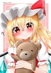 Rule 34 | 1girl, ?, blonde hair, blood, blush, flandre scarlet, hat, head tilt, highres, holding, holding stuffed toy, kaede (kaede fs495), looking at viewer, mob cap, one side up, outline, pink background, pointy ears, puffy short sleeves, puffy sleeves, red eyes, red vest, short sleeves, simple background, solo, stuffed animal, stuffed toy, teddy bear, touhou, upper body, vest, white outline, wings