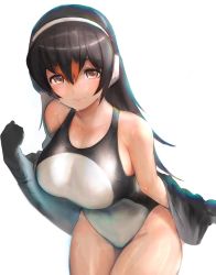 Rule 34 | 1girl, alternate breast size, black hair, breasts, brown eyes, collarbone, competition swimsuit, cowboy shot, gentoo penguin (kemono friends), groin, hair between eyes, headphones, highres, huge breasts, jacket, kemono friends, large breasts, leaning forward, long hair, long sleeves, multicolored hair, one-piece swimsuit, open clothes, open jacket, red hair, shibori kasu, smile, solo, swimsuit, twisted torso, two-tone hair, wet, wet clothes, wet face, wet swimsuit