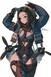 Rule 34 | 1girl, absurdres, aircraft, airplane, black gloves, blue eyes, blue jacket, brown hair, brown hat, commission, fingerless gloves, gloves, hat, highres, jacket, looking at viewer, mecha musume, navel, original, pby catalina, personification, propeller, solo, stomach, thighs, united states navy, white background, zhvo