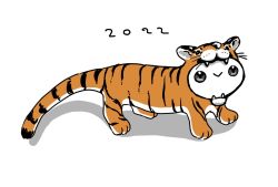 Rule 34 | 2022, animal costume, animal print, chinese zodiac, creature, gregor (tsurunoka), looking at viewer, no humans, original, shadow, simple background, smile, tiger costume, tiger print, tsumetai (tsurunoka), white background, year of the tiger