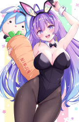 Rule 34 | 1girl, absurdres, animal ears, arm up, armpits, black pantyhose, black thighhighs, blue hair, blush, bow, breasts, covered navel, detached collar, garter belt, garter straps, highres, holding, holding stuffed toy, large breasts, leotard, long hair, looking at viewer, multicolored hair, open mouth, original, panties, pantyhose, playboy bunny, purple eyes, purple hair, smile, solo, stuffed toy, tenzeru, thighhighs, thighs, two-tone hair, underwear