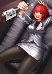 Rule 34 | 1girl, ayakumo, black pantyhose, blazer, blush, bottle, couch, drooling, drunk, highres, horikawa raiko, jacket, long sleeves, looking at viewer, lying, miniskirt, on back, on couch, open mouth, pantyhose, red eyes, red hair, sake bottle, shirt, skirt, smile, solo, squeans, touhou