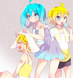 Rule 34 | 1boy, 2girls, ^ ^, ahoge, aqua eyes, aqua hair, arm tattoo, bare shoulders, blonde hair, blush, closed eyes, collarbone, dress, drying, drying hair, closed eyes, gradient clothes, hatsune miku, kagamine len, kagamine rin, kawahara chisato, looking at viewer, multiple girls, number tattoo, o3o, open mouth, puckered lips, shirt, short hair, shorts, shoulder blades, smile, strap, strapless, strapless dress, striped towel, t-shirt, tattoo, towel, towel around neck, twintails, vocaloid