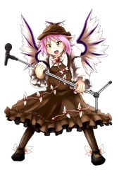 Rule 34 | 1girl, animal ears, bad id, bad pixiv id, bird, cue (lindwrum), dress, female focus, hat, highres, microphone, mystia lorelei, open mouth, pantyhose, pink hair, shoes, short hair, solo, touhou, transparent background, wings, yellow eyes