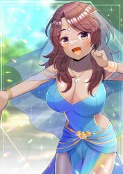 Rule 34 | 1girl, :d, bangle, blue dress, blurry, blurry background, borrowed character, bracelet, breasts, brown eyes, brown hair, cleavage, collarbone, commentary, commission, dark-skinned female, dark skin, day, depth of field, dress, english commentary, hand up, jewelry, kou hiyoyo, large breasts, long hair, looking at viewer, mixed-language commentary, open mouth, original, outdoors, parted bangs, pelvic curtain, pendant, see-through, skeb commission, smile, solo, veil