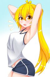 Rule 34 | ^^^, 1girl, absurdres, akita neru, armpits, arms behind head, arms up, blonde hair, blue shorts, breasts, commentary, cowboy shot, english commentary, fang, hayana neru, highres, long hair, looking at viewer, medium breasts, open mouth, ponytail, shirt, short shorts, shorts, sideboob, solo, sportswear, standing, twisted torso, very long hair, vocaloid, white shirt, yellow eyes