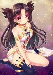 Rule 34 | 1girl, arm support, armlet, asymmetrical gloves, asymmetrical legwear, bare arms, bare legs, bare shoulders, black gloves, black hair, black ribbon, black thighhighs, blue thighhighs, blush, breasts, bridal gauntlets, brown hair, c:, cleavage, closed mouth, crown, earrings, elbow gloves, fate/grand order, fate (series), female focus, gem, gloves, hair ribbon, hoop earrings, ishtar (fate), jewelry, legs, light particles, long hair, looking at viewer, mamekosora, medium breasts, neck ring, parted bangs, red eyes, revealing clothes, ribbon, seiza, single elbow glove, single glove, single thighhigh, sitting, smile, solo, strapless, thighhighs, thighlet, tohsaka rin, twintails, two side up, type-moon, uneven gloves, uneven legwear, waist cape, wariza