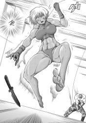 Rule 34 | abs, asphyxiation, barefoot, blush, breasts, camouflage, character request, dark elf, dark skin, elf, feet, greyscale, hanged, knife, large breasts, monochrome, monochrome, muscular, pointy ears, ryona, saliva, shaking, source request, tears, weapon