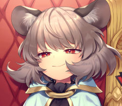 Rule 34 | 1girl, animal ear fluff, animal ears, blush, closed mouth, commentary request, commission, eyelashes, gold trim, grey hair, mouse ears, narrowed eyes, nazrin, portrait, red eyes, short hair, skeb commission, smile, smug, solo, throne, tomobe kinuko, touhou