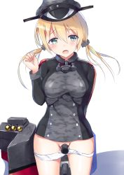 Rule 34 | 10s, 1girl, anchor hair ornament, blonde hair, blush, breasts, camouflage, female masturbation, hair ornament, hat, henet hene, kantai collection, long hair, looking at viewer, masturbation, military, military uniform, panties, panty pull, peaked cap, prinz eugen (kancolle), remodel (kantai collection), solo, twintails, underwear, uniform, white panties