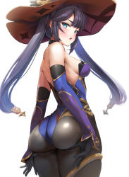 Rule 34 | 1girl, ass, ass grab, ass support, back, bare shoulders, black gloves, black hair, blue hat, blue leotard, blush, bodystocking, breasts, brown pantyhose, choker, commentary request, detached sleeves, elbow gloves, genshin impact, gloves, gold trim, green eyes, hat, hat ornament, highleg, highleg leotard, highres, ipuu (el-ane koubou), leotard, long hair, looking at viewer, looking back, medium breasts, mona (genshin impact), open mouth, pantyhose, revision, simple background, solo, sweatdrop, thighlet, thighs, twintails, white background, witch hat