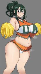 Rule 34 | 1girl, asui tsuyu, black eyes, blush, boku no hero academia, breasts, cameltoe, chamchami, cheerleader, cleft of venus, closed mouth, green hair, highres, huge breasts, navel, panties, plump, pom pom (cheerleading), simple background, steaming body, thick thighs, thighs, undersized clothes, underwear