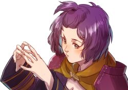 Rule 34 | 1girl, aduti momoyama, bernadetta von varley, breasts, capelet, cleavage, fire emblem, fire emblem: three houses, fire emblem warriors: three hopes, grey eyes, hands up, highres, long sleeves, medium breasts, nintendo, parted lips, purple hair, short hair, simple background, solo, topknot, white background, yellow capelet