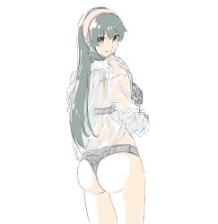 Rule 34 | 1girl, ass, black hair, earrings, from behind, gold earrings, highres, jewelry, lingerie, long hair, looking at viewer, looking back, mitsugu, red eyes, see-through, see-through shirt, simple background, sketch, solo, spy x family, underwear, white background, yor briar