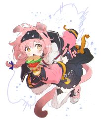 Rule 34 | 1girl, animal ears, arknights, bacon, black skirt, blue bow, bow, braid, burger, cat ears, cat girl, cat tail, character name, dal-gi, dressing, floating, floppy ears, food, full body, garter straps, goldenglow (arknights), hair bow, highres, holding, holding clothes, holding jacket, id card, jacket, lettuce, looking at viewer, onion, open mouth, pink footwear, pink hair, shoes, side braid, simple background, skirt, sneakers, solo, tail, thighhighs, white background, white thighhighs, yellow eyes