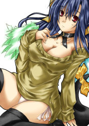 Rule 34 | 1girl, arc system works, asymmetrical wings, blue hair, bow, breasts, dizzy (guilty gear), covered erect nipples, guilty gear, guilty gear x, guilty gear xx, hair bow, hamu (moeyobaka), large breasts, long hair, moeyobaka, ribbon, solo, sweater, tail, tail ornament, tail ribbon, thighhighs, wings